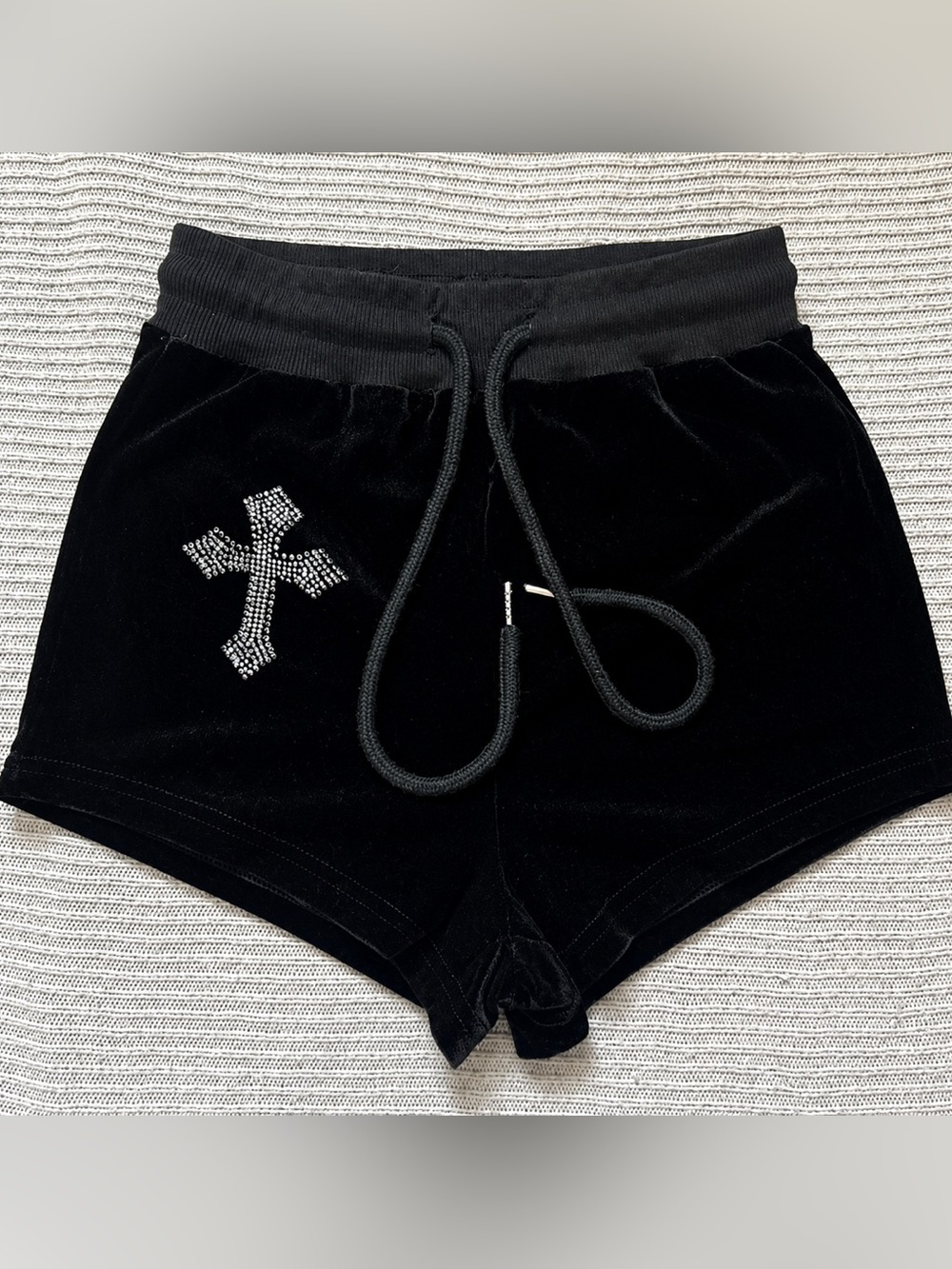 Black Velour Rhinestone Cross Lounge Shorts ✝️🖤